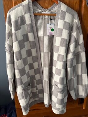 NWT Blakeley Gray & Cream Checker Knit Open-Front Cardigan - one size